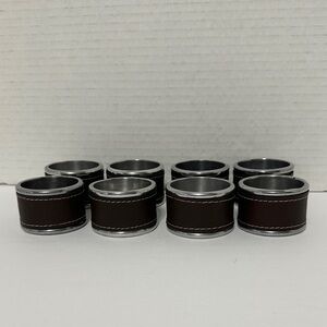 Pier 1 Set of 8 Brown Stitched Leather with Aluminum Napkin Rings